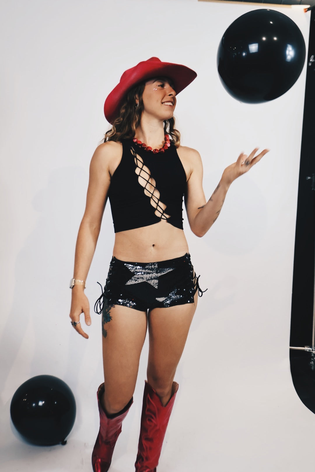 Sequin Star Lace-Up Mini Shorts