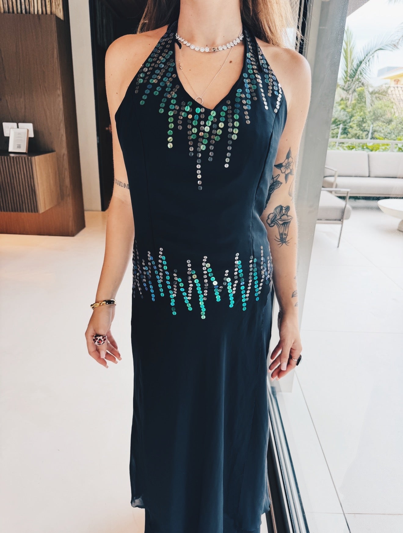 Vintage Midnight Beaded Halter Dress